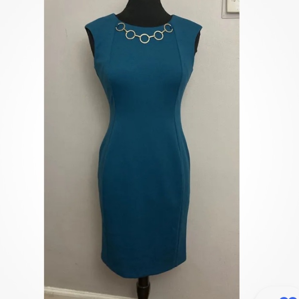 9-28 Calvin Klein Dress Teal Sheath Career 6 Gold tone Hardware